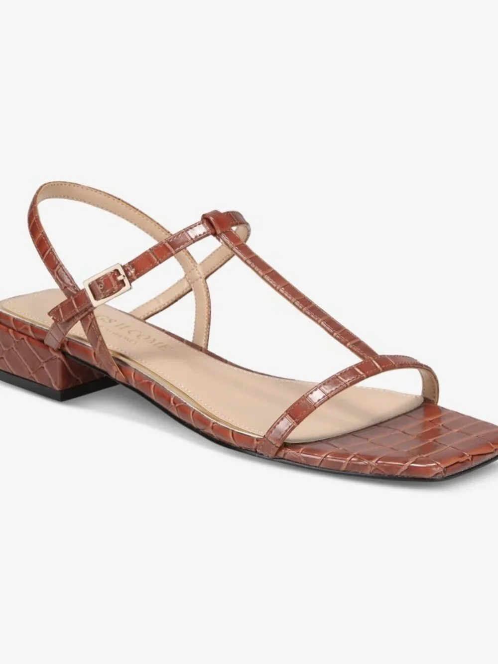 Things II Come Alexandra-SY Brown Croc Embossed T-Strap Sandals Women's Size 6.5